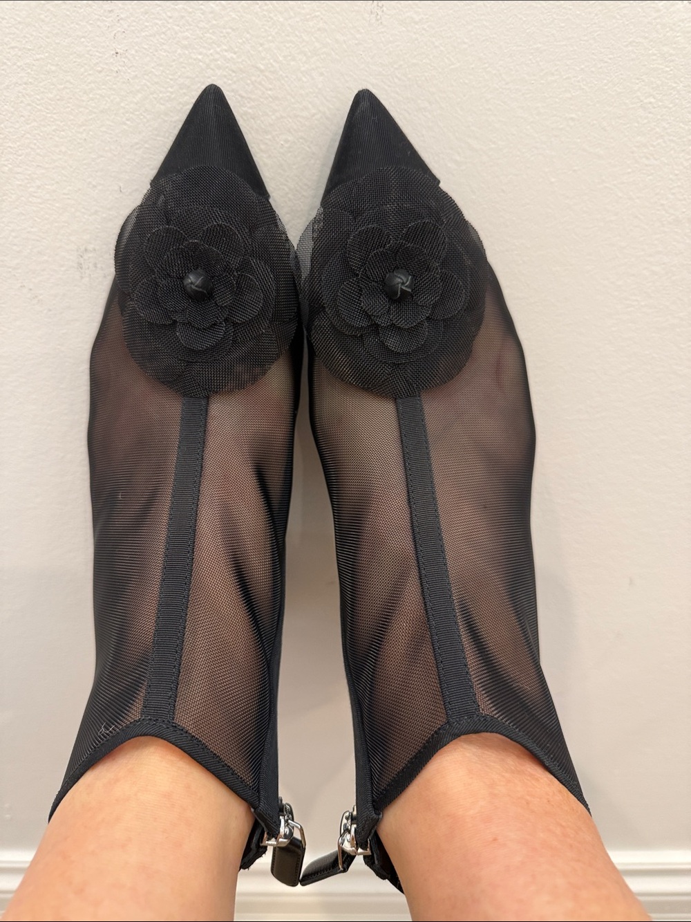 Chanel Camellia Mesh Ankle Boots 37.5 | Sheer Black Iconic CC Heels Runway NWT - Picture 2 of 13